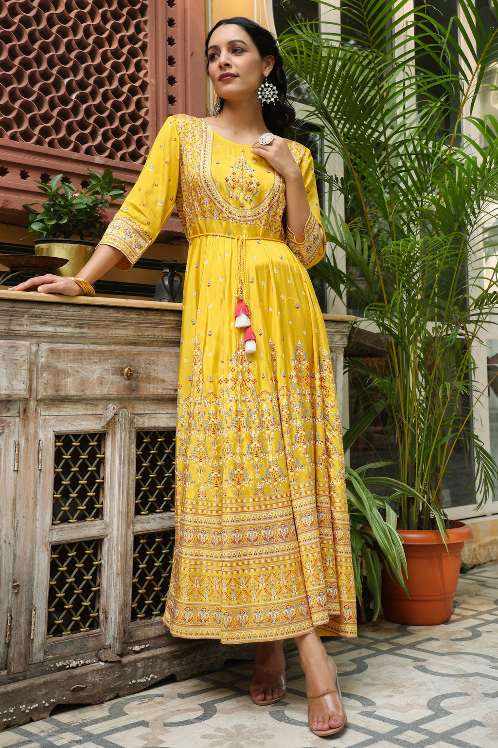 Juniper Women's Mustard Viscose Shantoon Festive Printed Flared Dress - Distacart