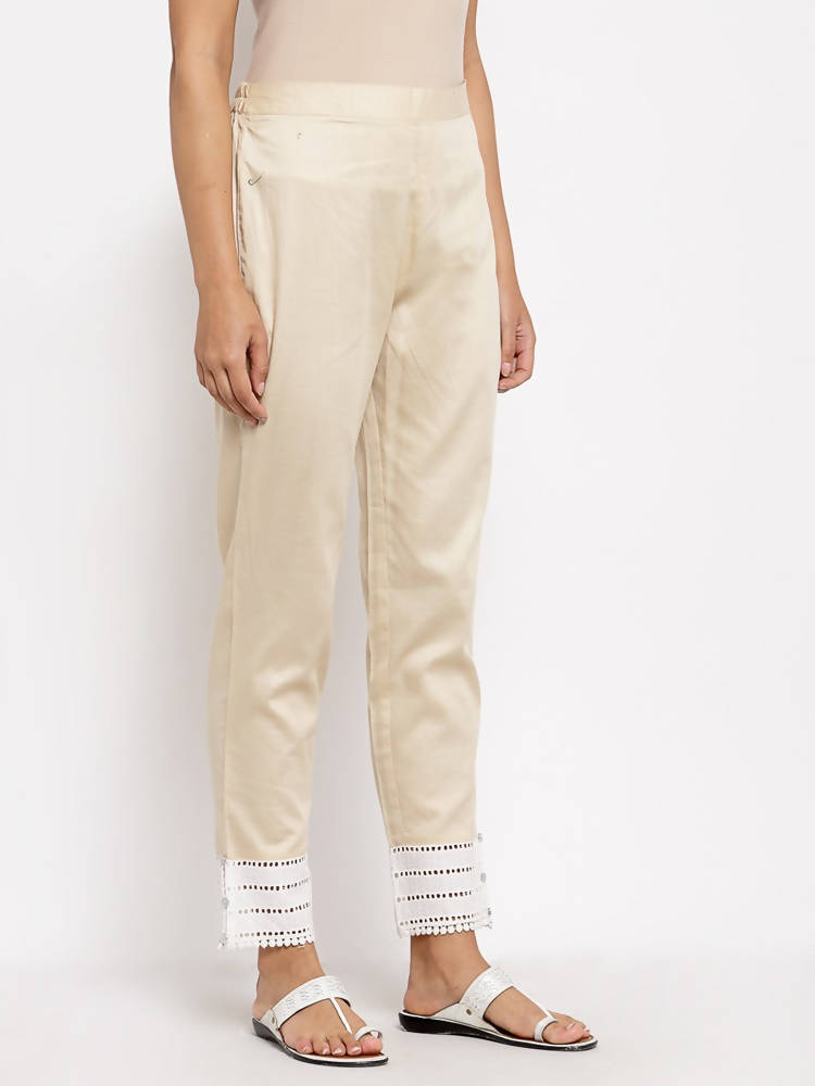 Myshka Beautiful Women's Cream Cotton Solid Casual Trouser