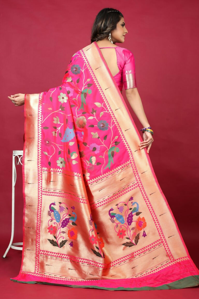Jyoti Fashion Women's Pink Paithani Silk Zari Woven Saree with Blouse