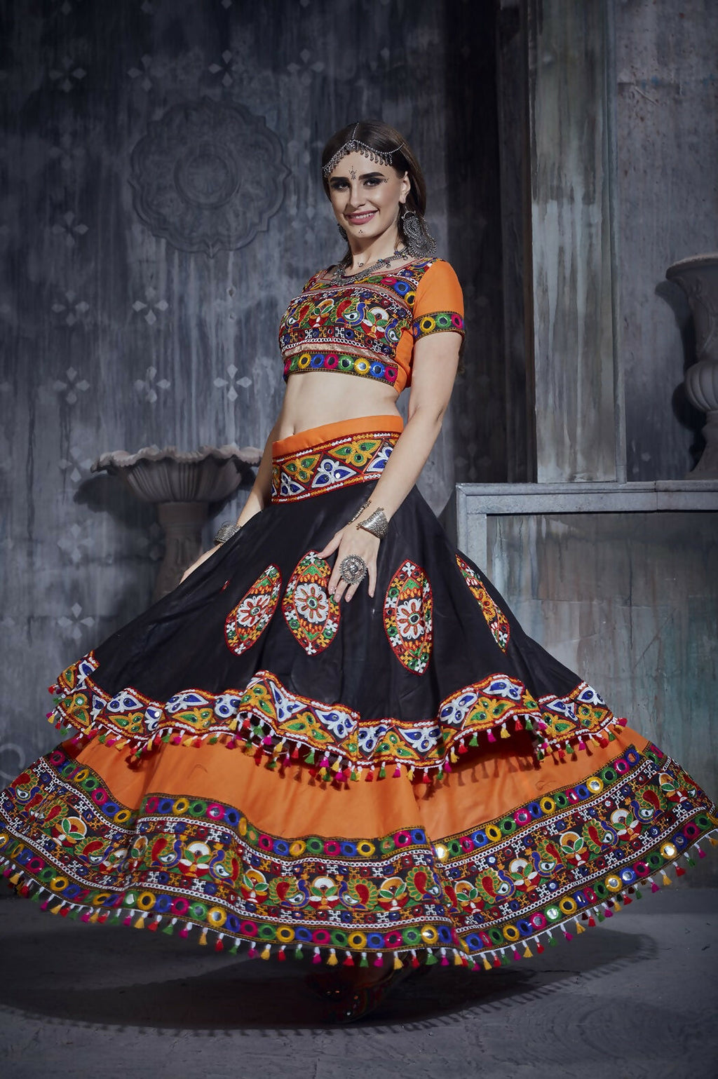 AI Fashion Black-Orange Art Silk Designer Navratri Lehenga Choli Collection