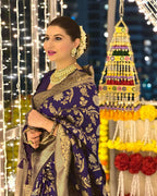 DEIANA'S Beautiful Designer Golden zari Soft Lichi Silk Saree - Blue