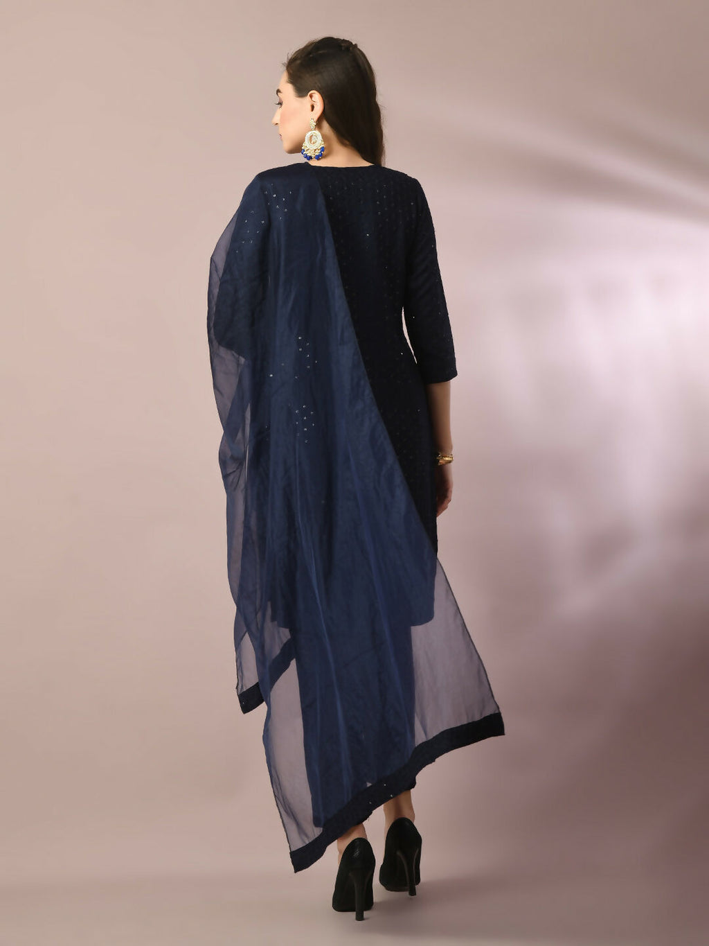 Myshka Women's Navy Blue Embroidered Cotton Straight Party Kurta Set With Dupatta