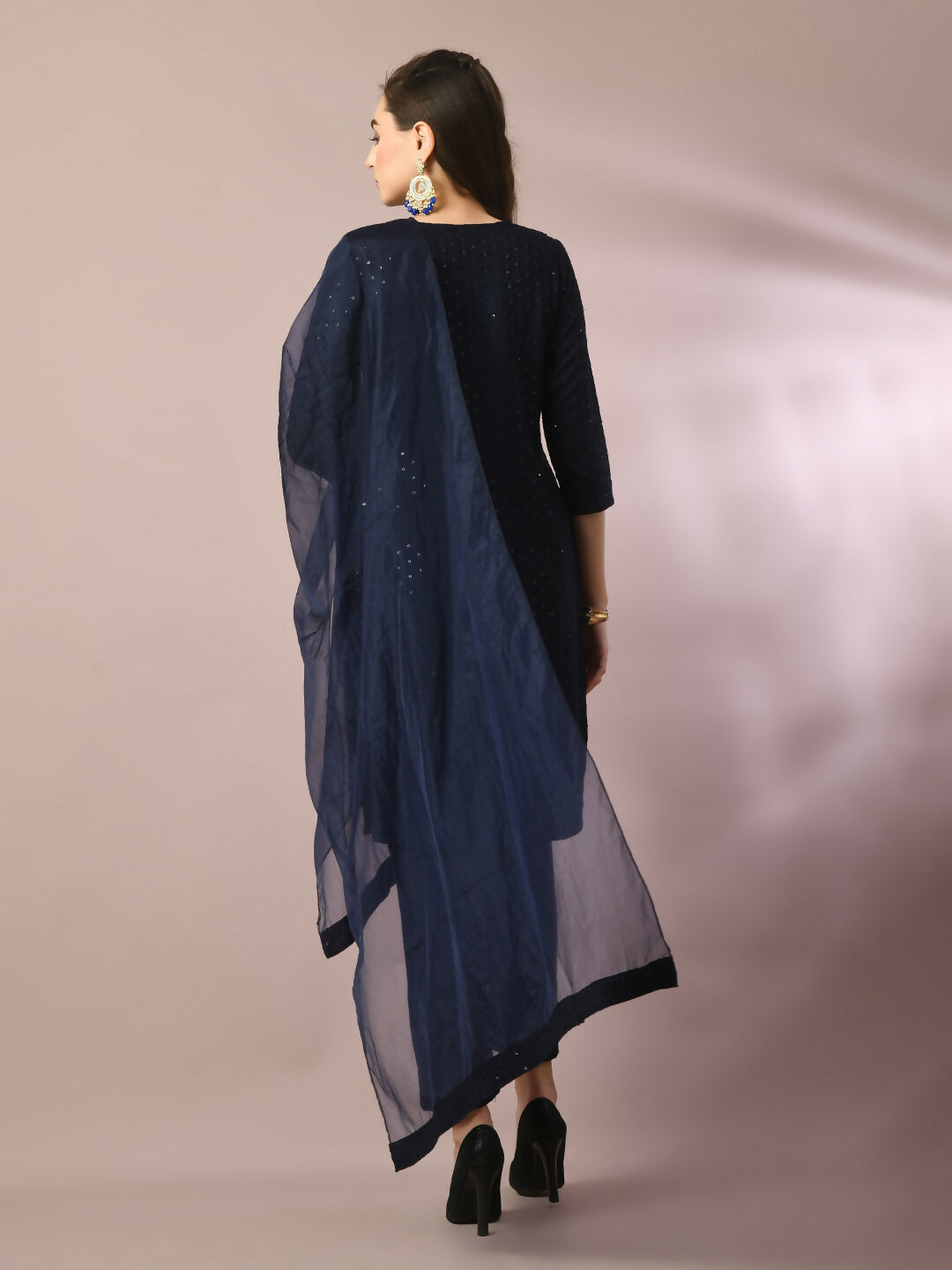 Myshka Women's Navy Blue Embroidered Cotton Straight Party Kurta Set With Dupatta