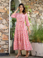 Kaajh Women's Orange Ethnic Floral Hand Block Print Cotton Dress - Distacart