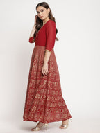 Ahalyaa Women's Maroon Georgette Gold Foil Print Flared Kurta With Dupatta