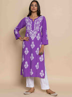 HOUSE OF KARI Floral Chikankari Embroidered Notched Round Neck Straight Kurta