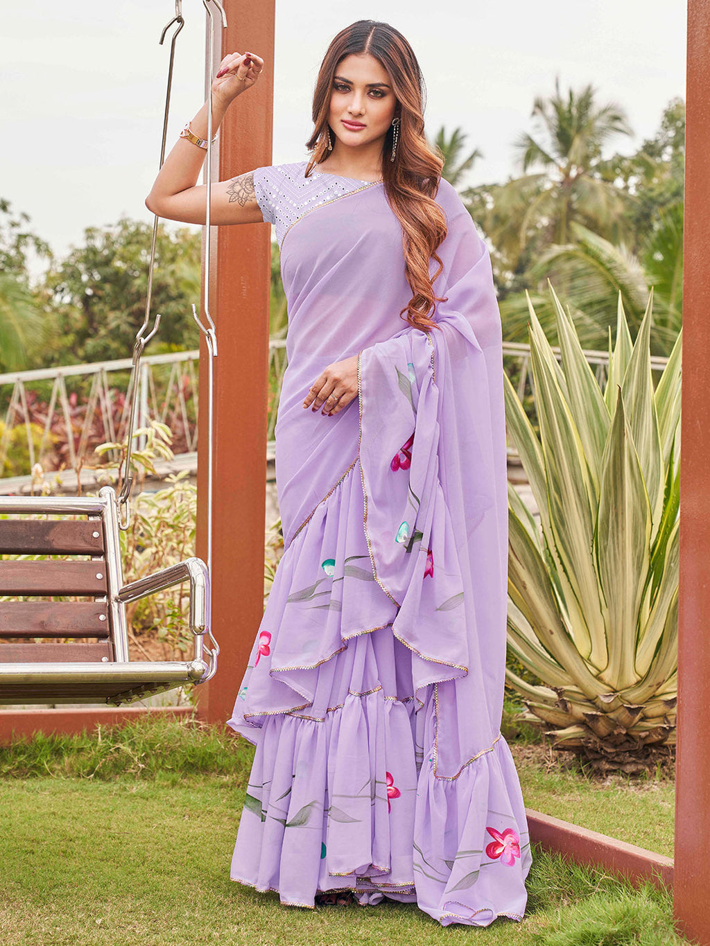 Tikhi Imli Printed Ruffle Saree With Mirror Embroidered Work Blouse - Distacart