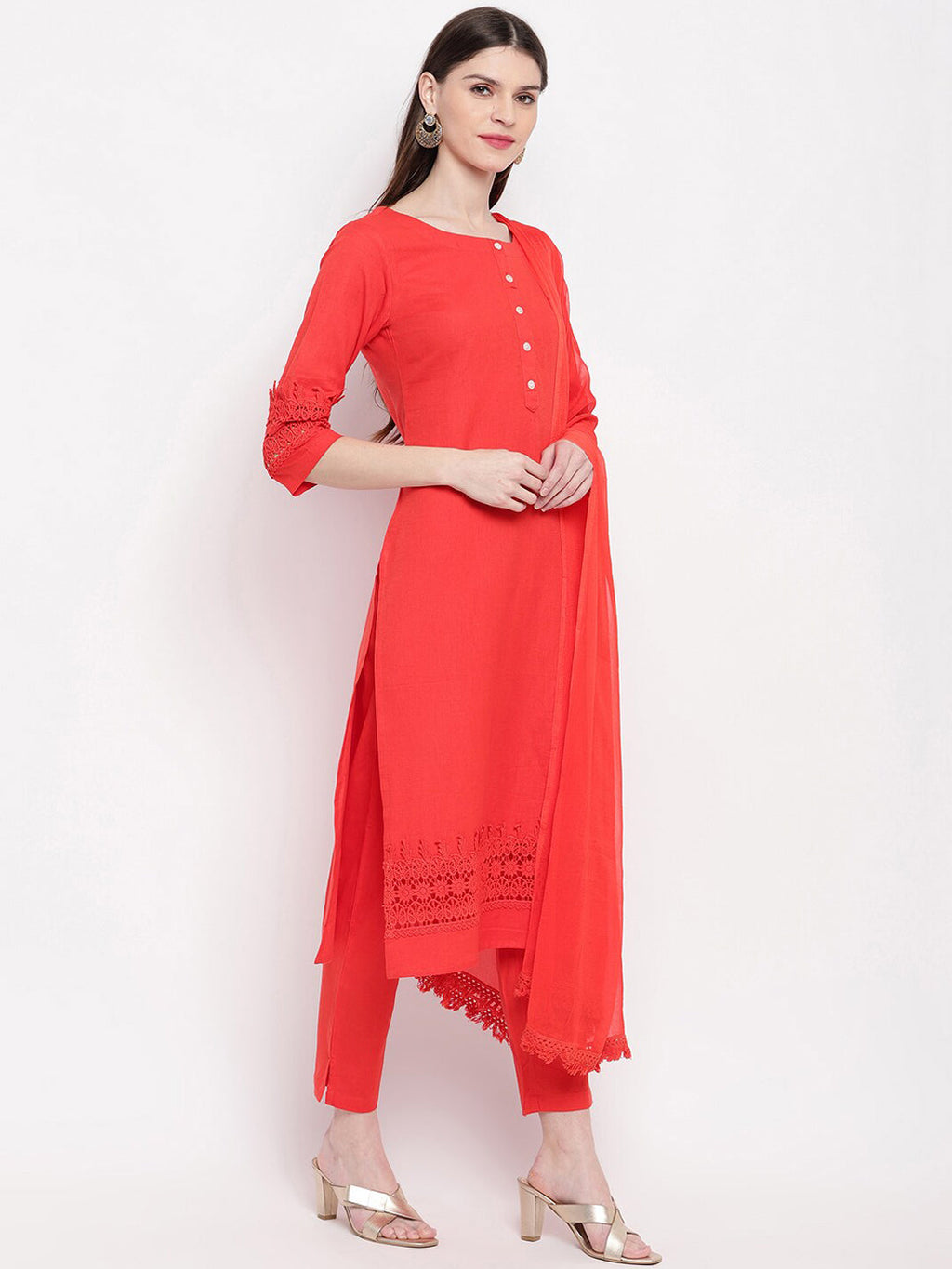 Janasya Red Solid Kurta with Trousers & Dupatta - Distacart