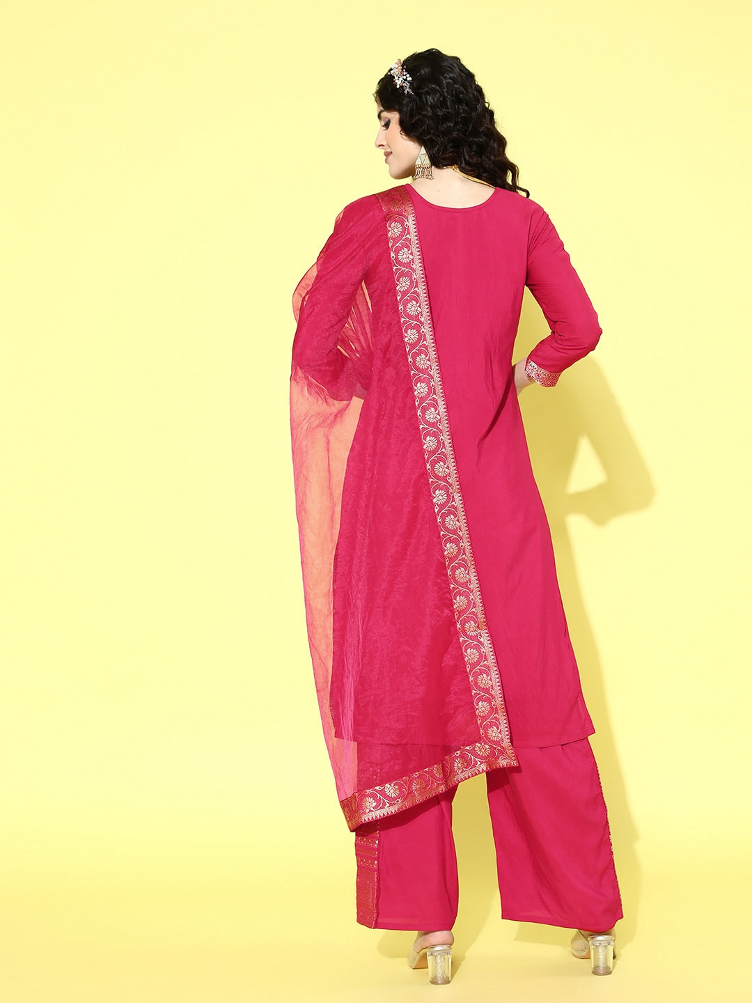 Sangria Floral Yoke Design Jacquard Kurta with Palazzos & With Dupatta