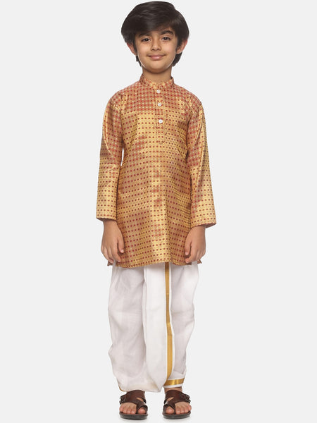 Sethukrishna Boys Golden & White Ethnic Motifs Printed Kurta with Dhoti Pants