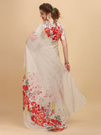 Sangria Off White & Red Floral Satin Designer Saree - Distacart