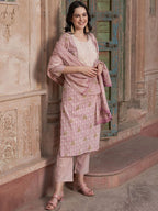 Sangria Mauve coloured Floral Printed Pure Cotton Kurta with Churidar & With Dupatta