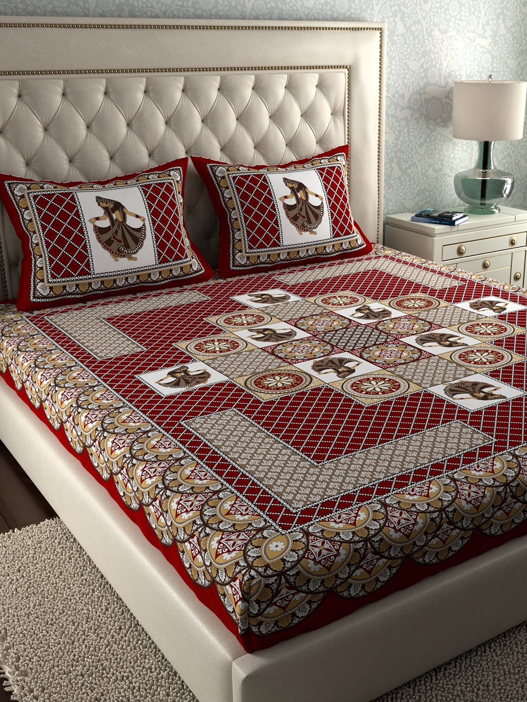 LA VERNE Jaipuri Print 104 TC Cotton 1 Double Queen Bedsheet With 2 Pillow Covers