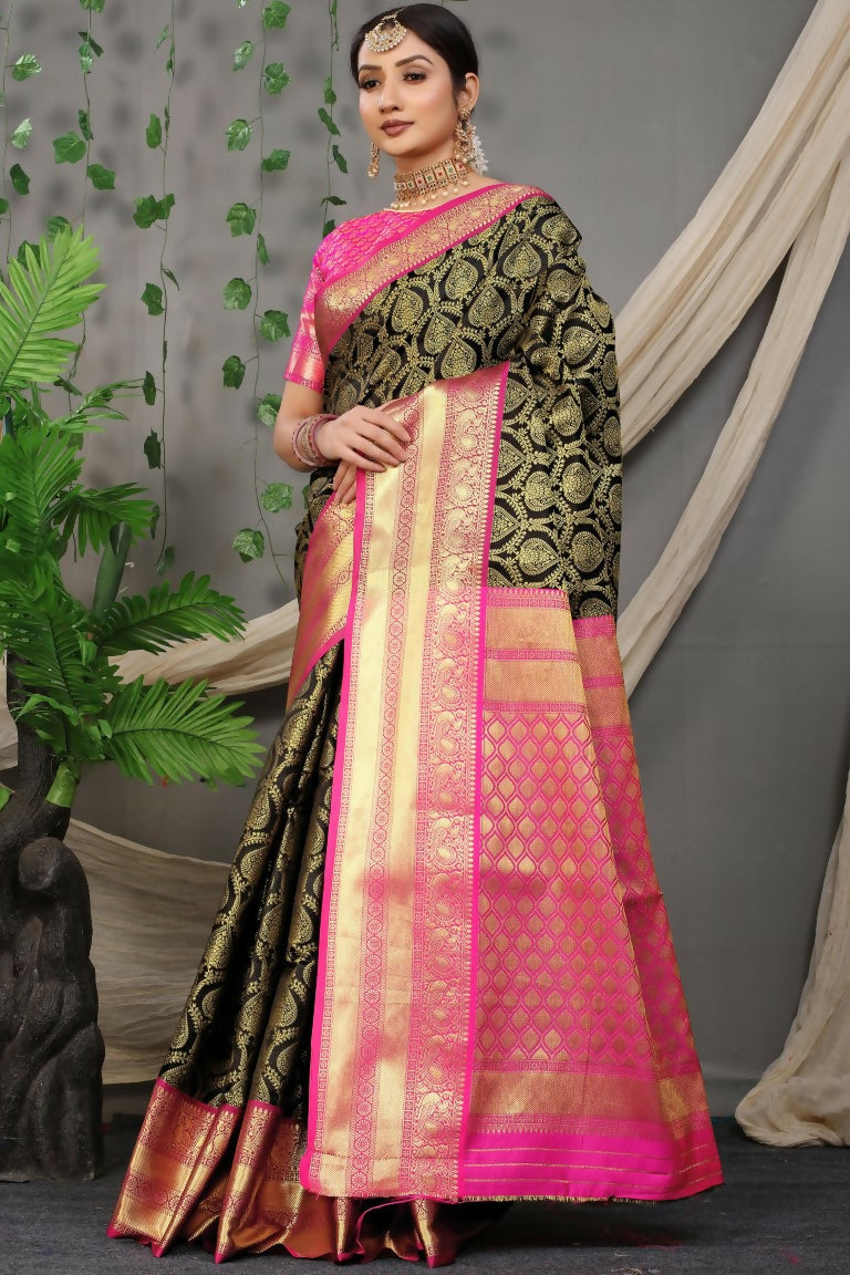 Jyoti Fashion Women's Black Kanjivaram Silk Zari Woven Saree with Blouse