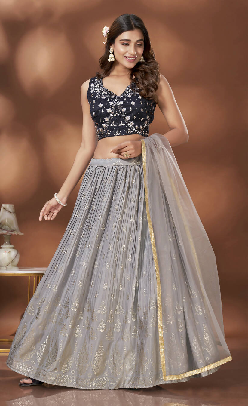 Grey Chinnon Crush Foil Printed Lehenga Choli with Dupatta - Aakriti