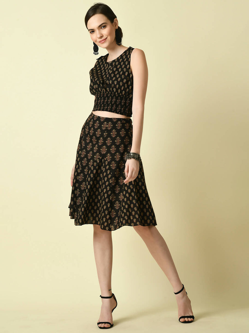 Myshka Women's Black Pure Cotton Printed Flared Skirt