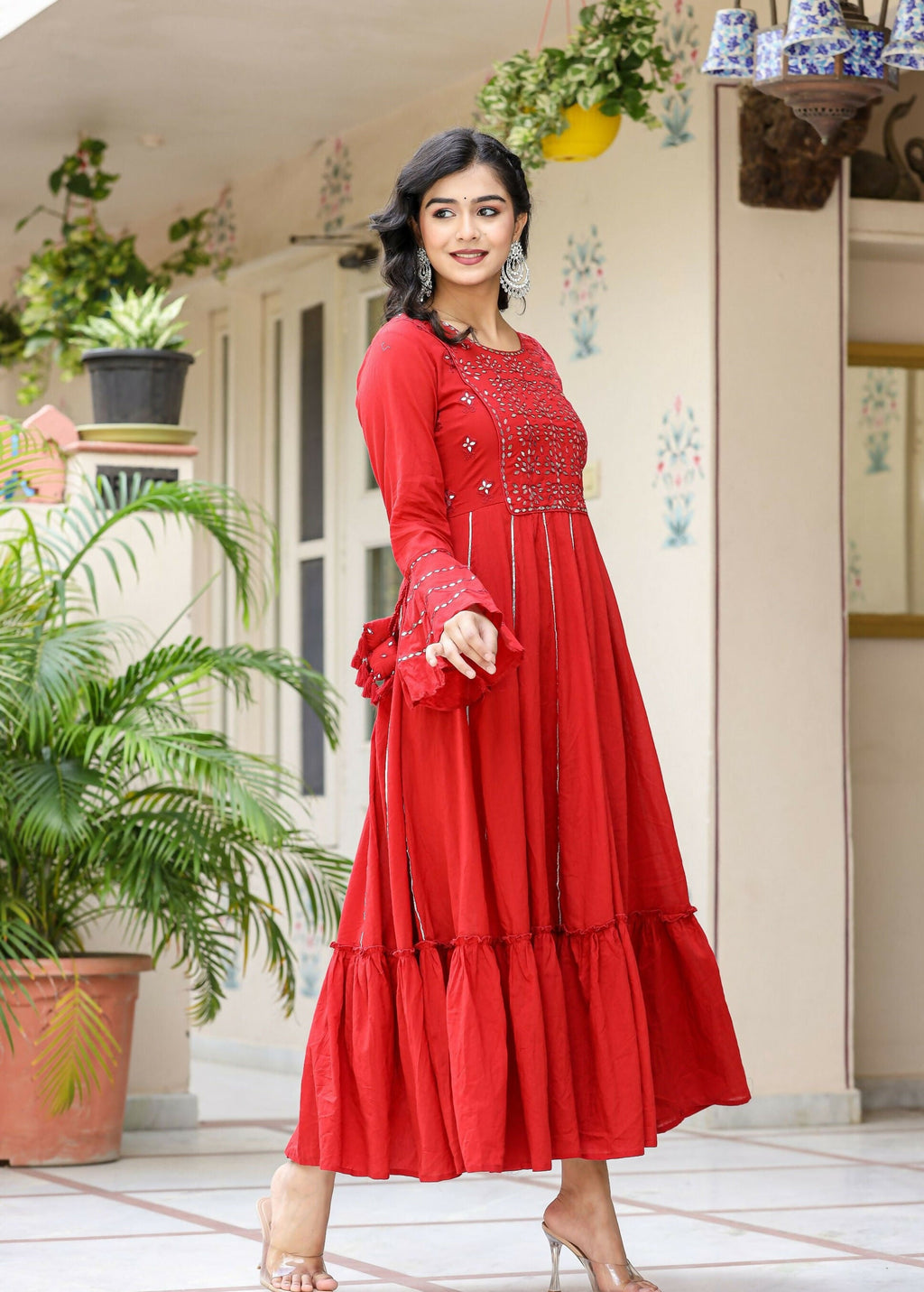 Kaajh Women's Red Mirror Embroidered Cotton Ethnic Dress - Distacart