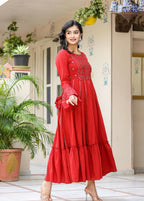 Kaajh Women's Red Mirror Embroidered Cotton Ethnic Dress - Distacart