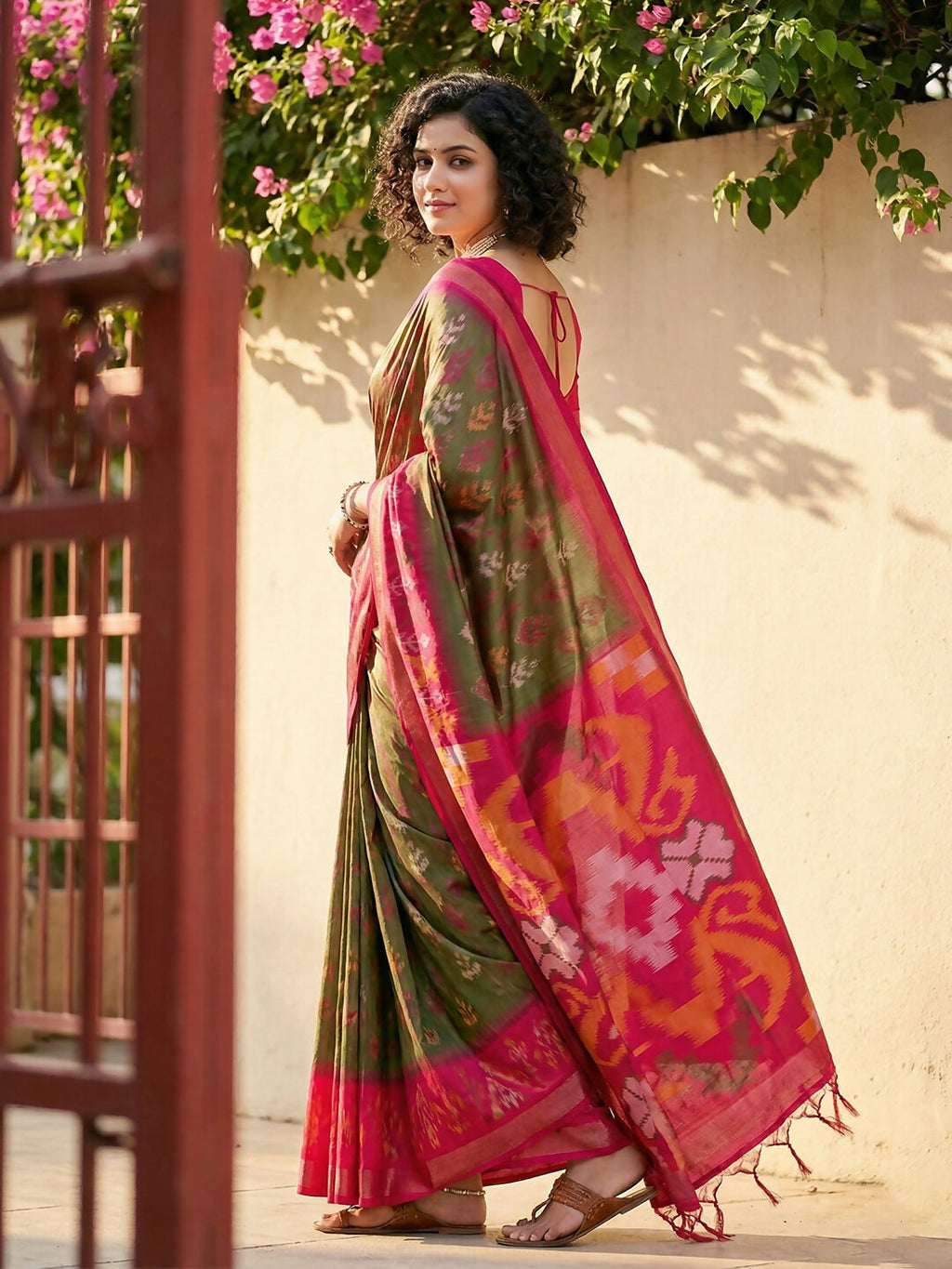 Shree Shyam Fashion Olive Green Pochampally Silk Saree - Distacart