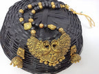 Terracotta Long Necklace Set With Peacock Pendant With Temple Jhumkas-Black And Gold