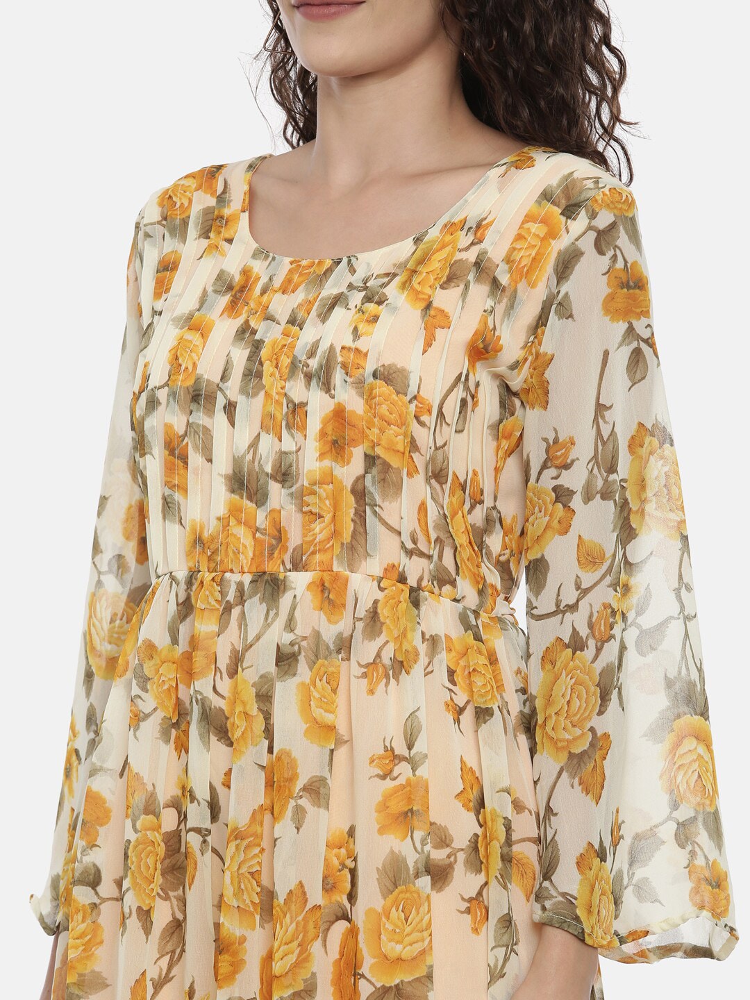 Souchii Cream-Coloured Floral Printed A-Line Dress - Distacart