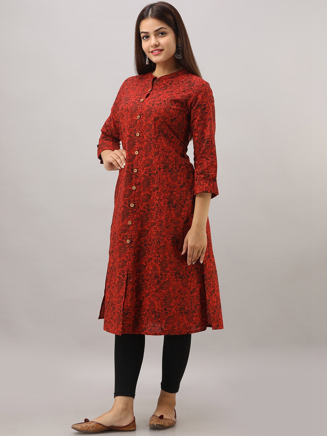 HERE&NOW Maroon Mandarin Collar Floral Straight A-Line Kurta