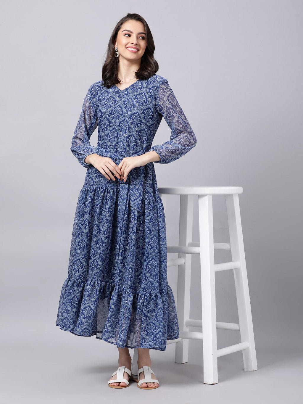 Souchii Blue Ethnic Motifs Printed Chiffon Maxi Tiered Dress - Distacart
