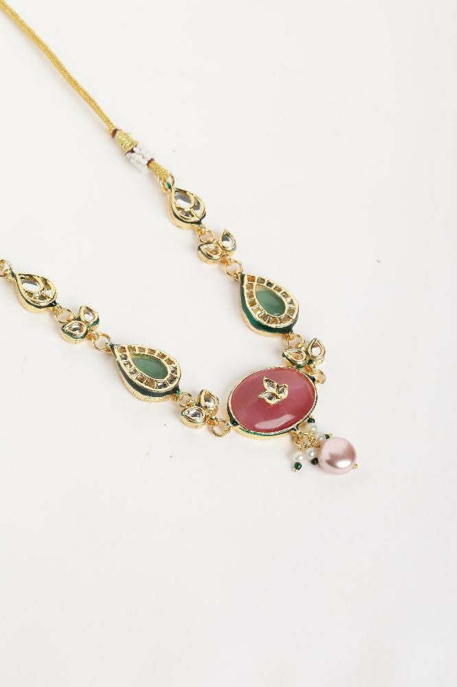 Nuyug 22K Gold Plated Radiant Rose Stone Kundan Necklace