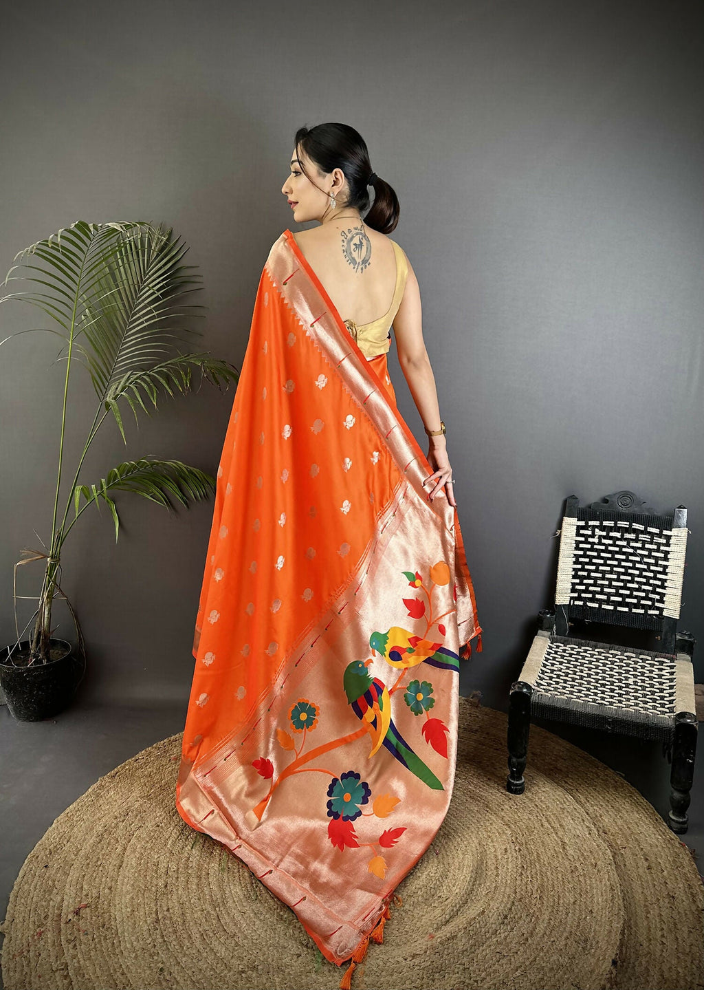 Joban Fashion Orange Peacock & Floral Motifs Soft Silk Kanchipuram Saree - Distacart