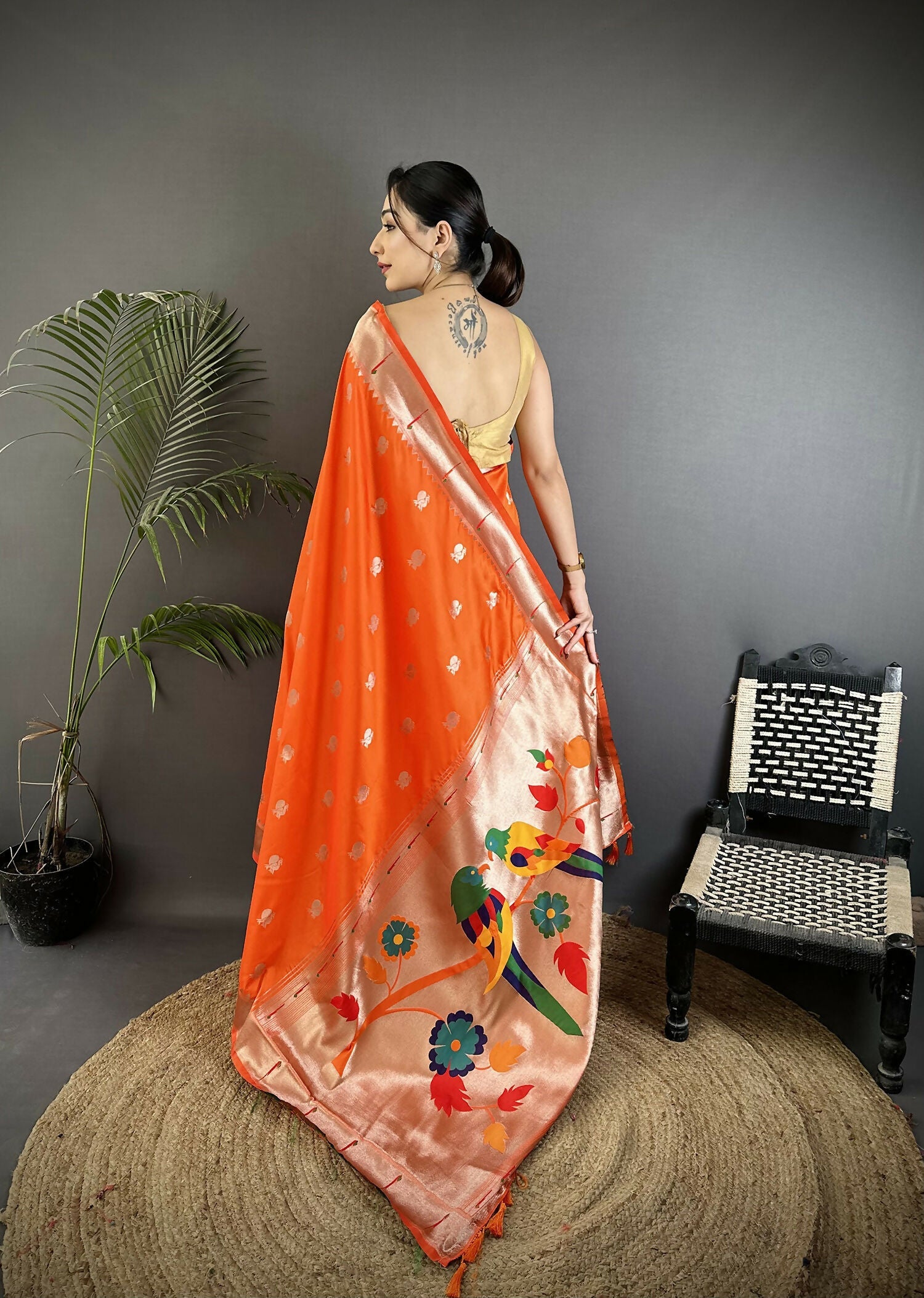 Joban Fashion Orange Peacock & Floral Motifs Soft Silk Kanchipuram Saree - Distacart