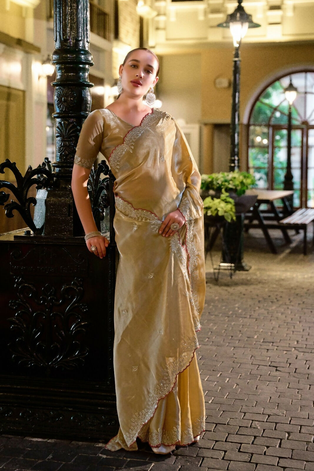 Vastranavya Beige Embroidery Work Shimmer Chiffon Saree with Unstitched Blouse - Distacart