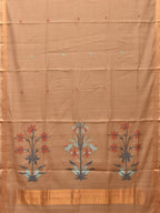 Fawn Khadi Cotton Handloom Saree with Plants Pallu Design - Global Threads