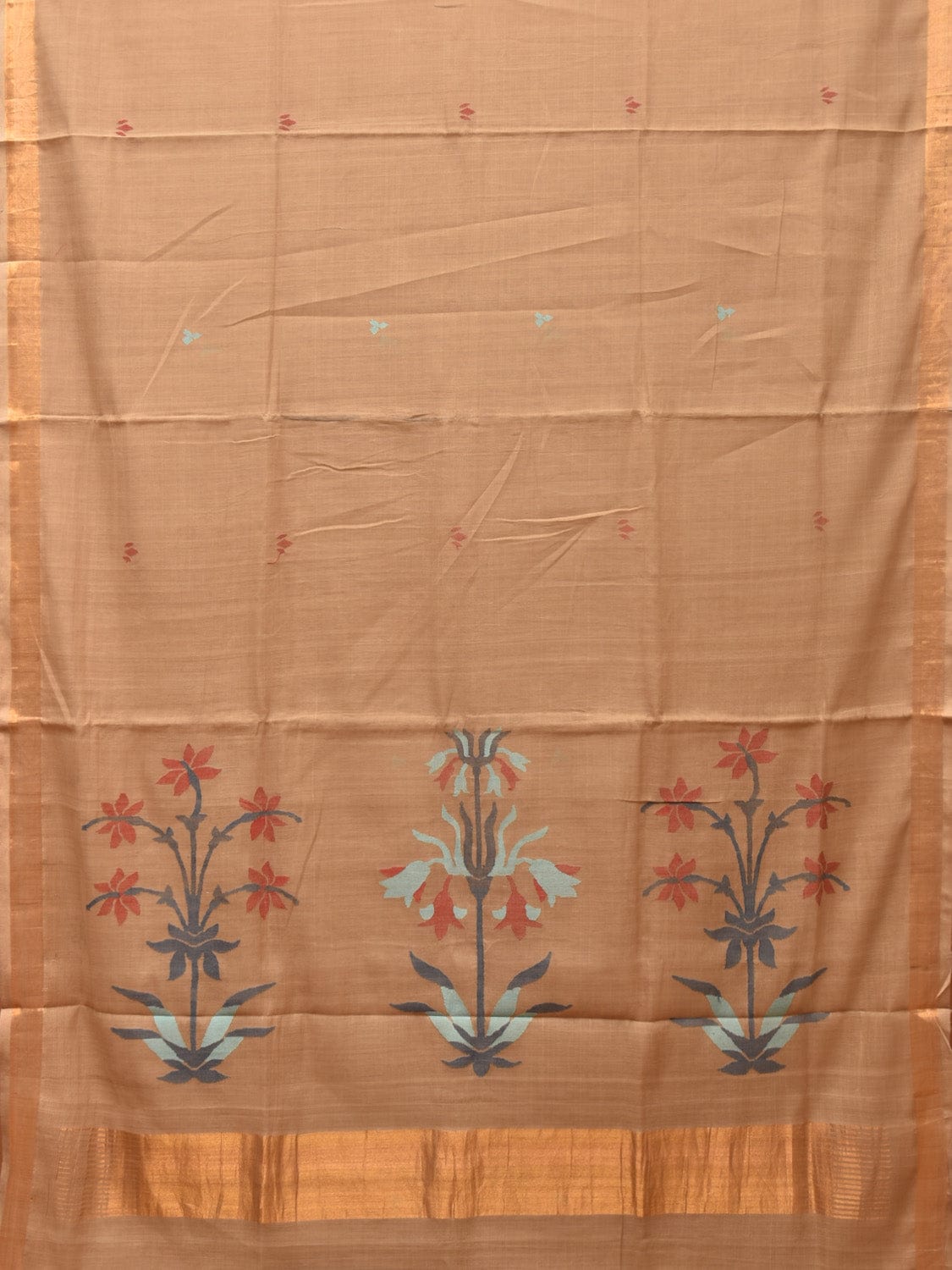Fawn Khadi Cotton Handloom Saree with Plants Pallu Design - Global Threads