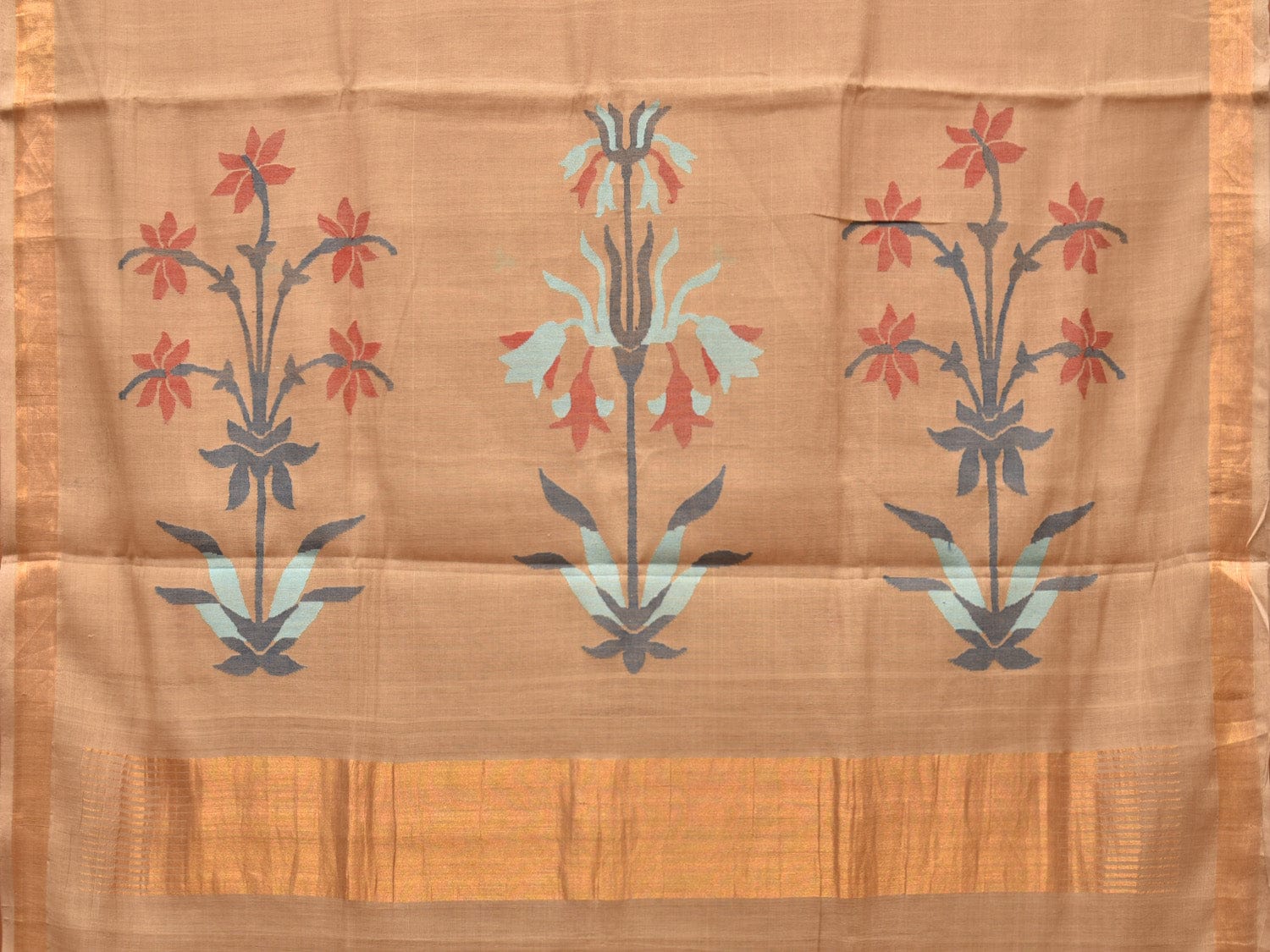 Fawn Khadi Cotton Handloom Saree with Plants Pallu Design - Global Threads