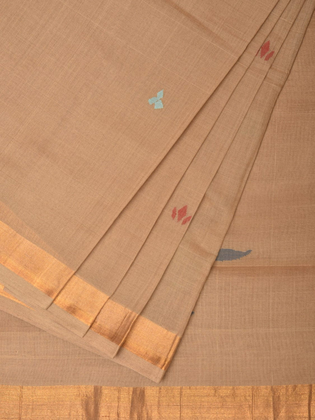 Fawn Khadi Cotton Handloom Saree with Plants Pallu Design - Global Threads