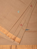 Fawn Khadi Cotton Handloom Saree with Plants Pallu Design - Global Threads