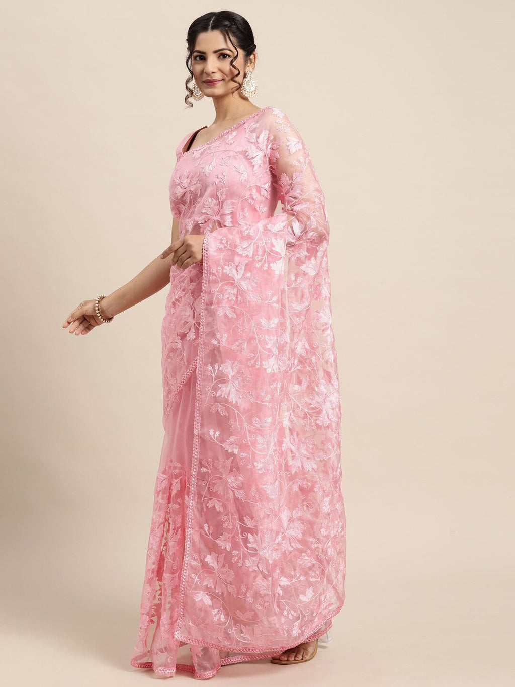 Saree Mall Pink Floral Embroidered Organza Sarees - Distacart
