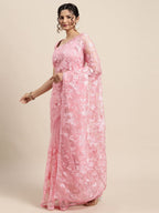 Saree Mall Pink Floral Embroidered Organza Sarees - Distacart
