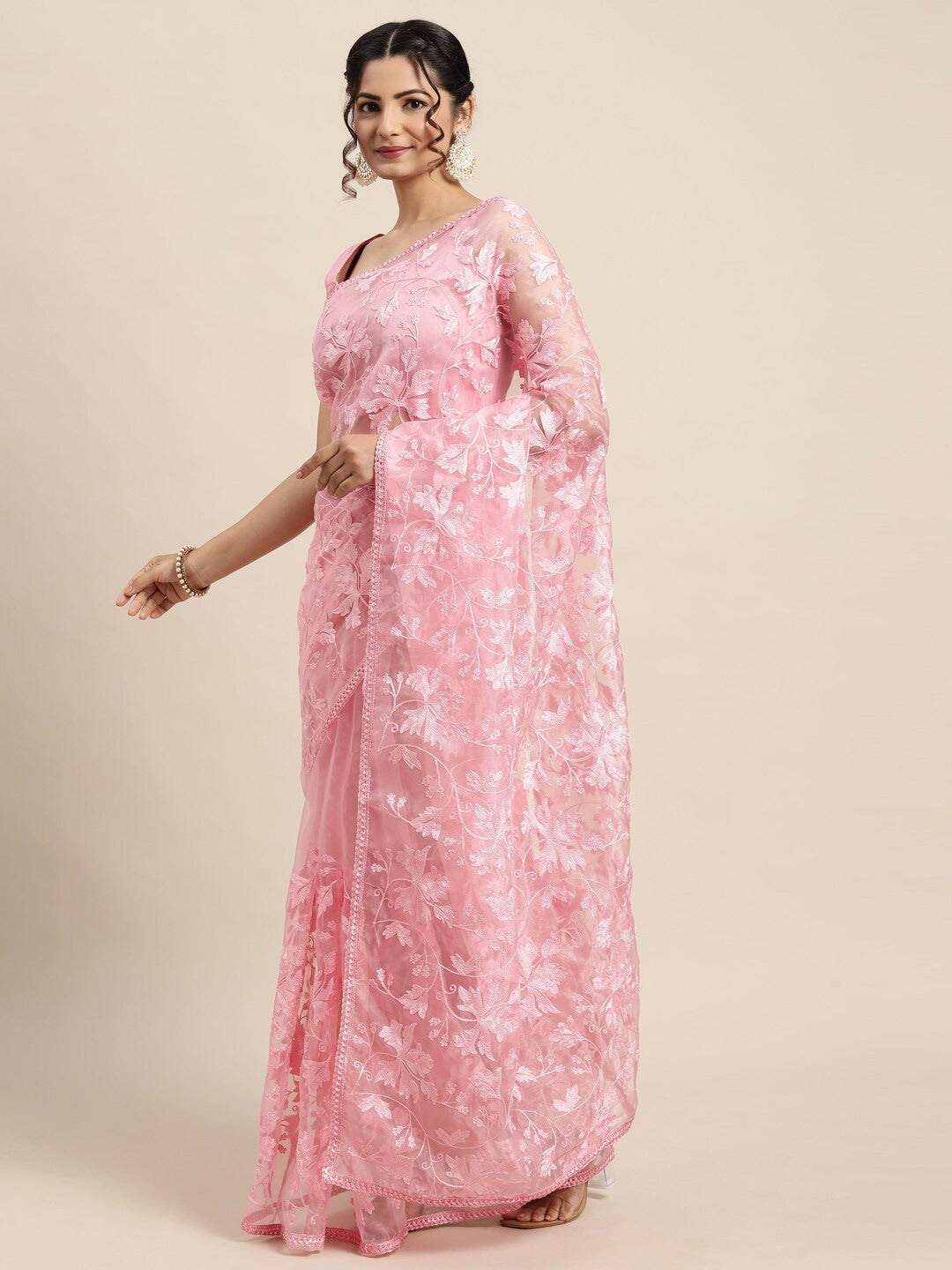 Saree Mall Pink Floral Embroidered Organza Sarees - Distacart