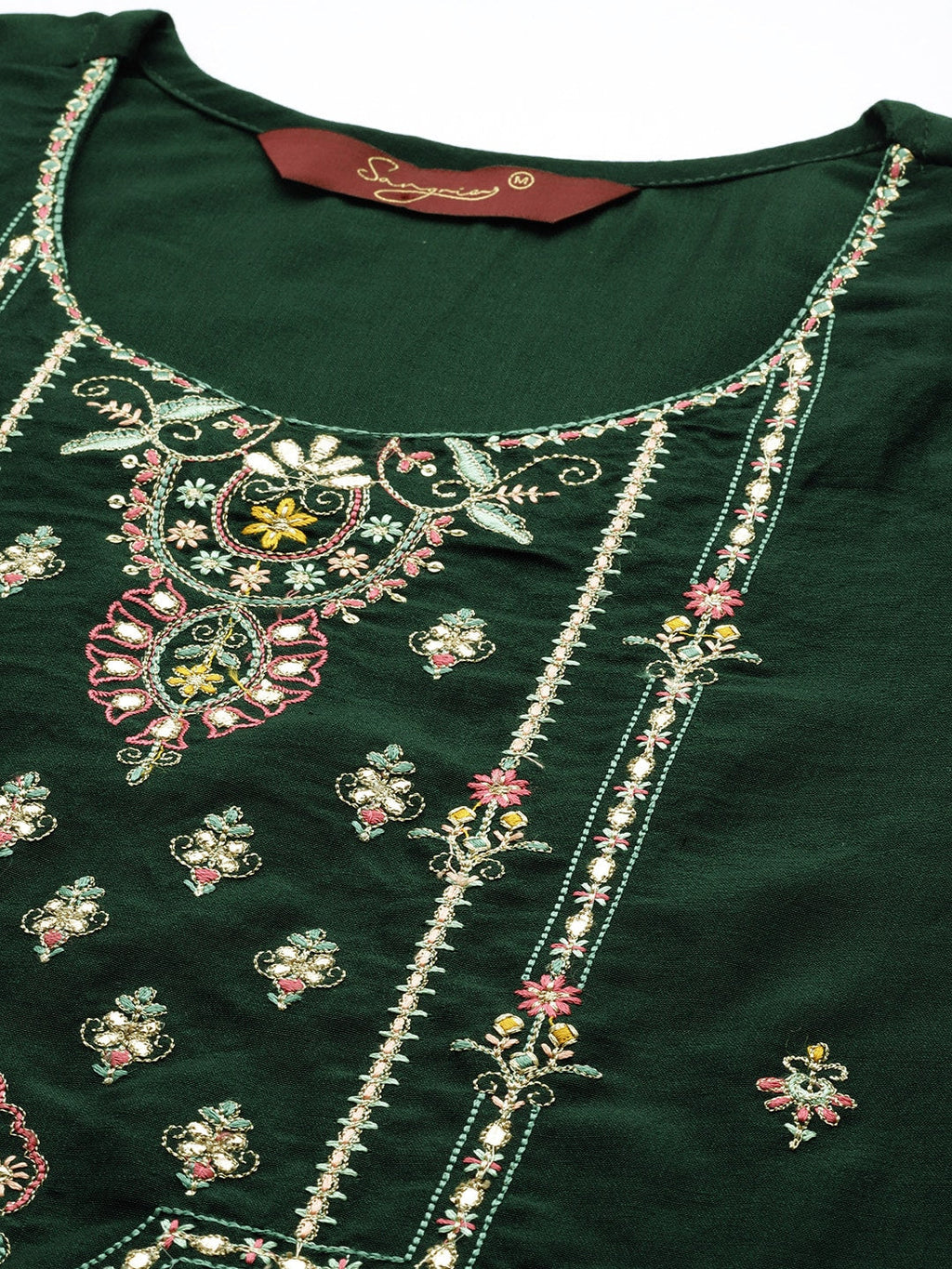 Sangria Women Green Ethnic Motifs Embroidered Pure Cotton Kurta with Trousers & With Dupatta