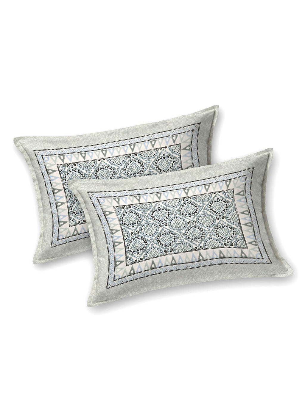 BELLA CASA Ethnic Grey & White Ethnic Pure Cotton 180 TC King Bedsheet & 2 Pillow Covers