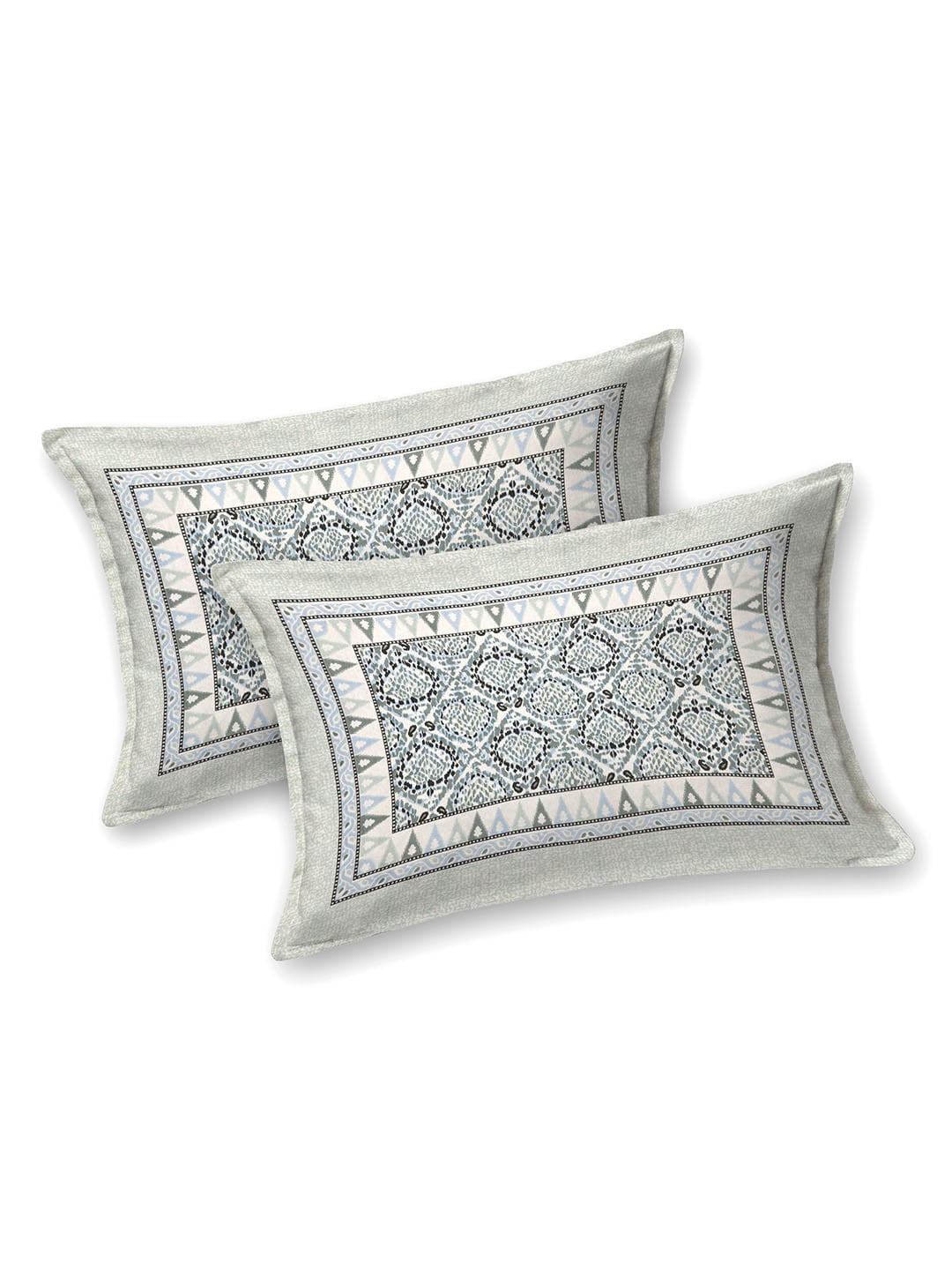 BELLA CASA Ethnic Grey & White Ethnic Pure Cotton 180 TC King Bedsheet & 2 Pillow Covers