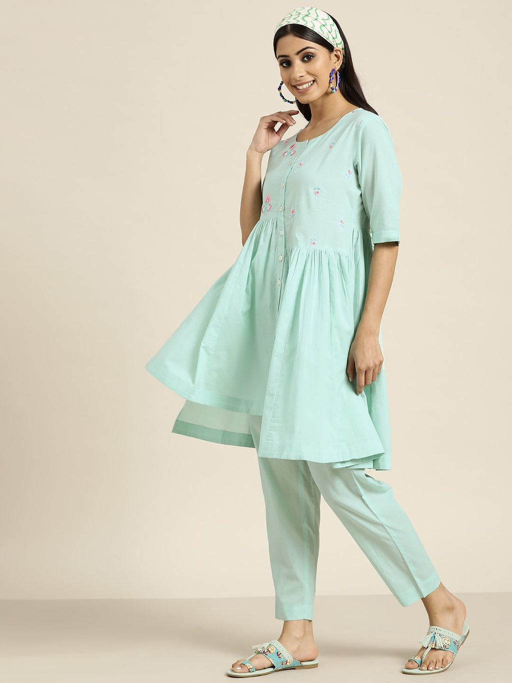 Sangria Women Turquoise Blue Floral Embroidered Kurta with Palazzos