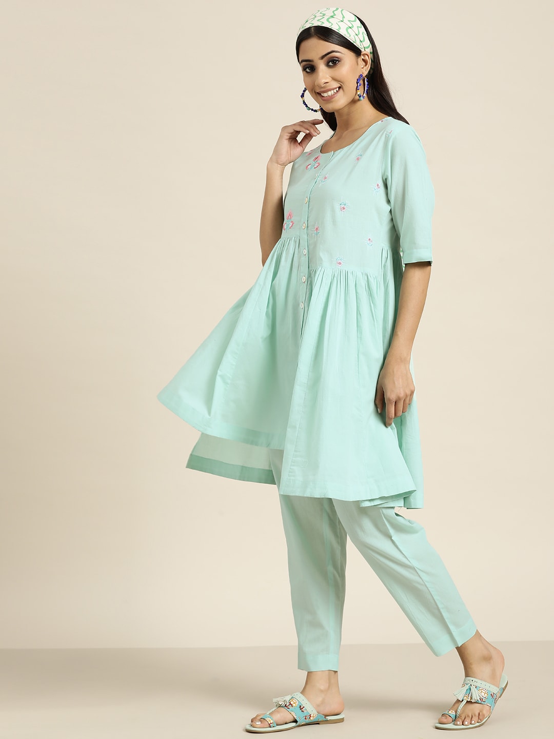 Sangria Women Turquoise Blue Floral Embroidered Kurta with Palazzos