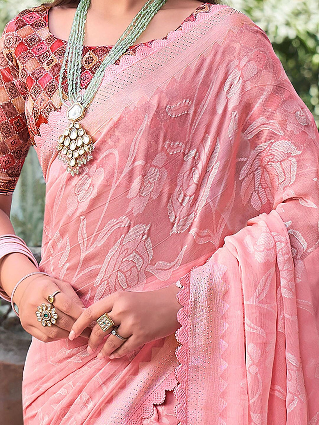 Saree Mall Floral Woven Design Pure Chiffon Beads & Stones Bagru Sarees - Distacart