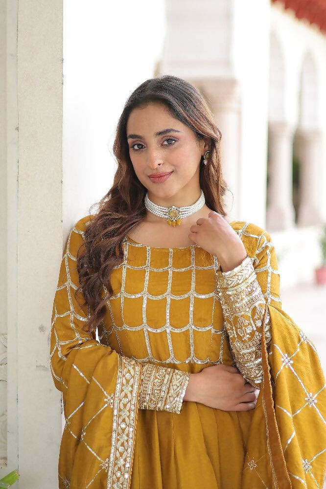 Joban Fashion Yellow Kurta Set Silk Sequins , Zari, Coding & Thread Embroidered work - Distacart