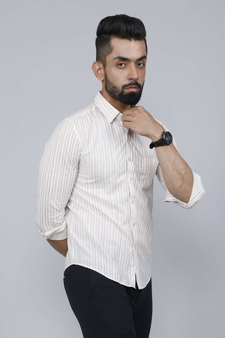 Miravan Men's White Spread Collar Striped Print Casual Shirt
