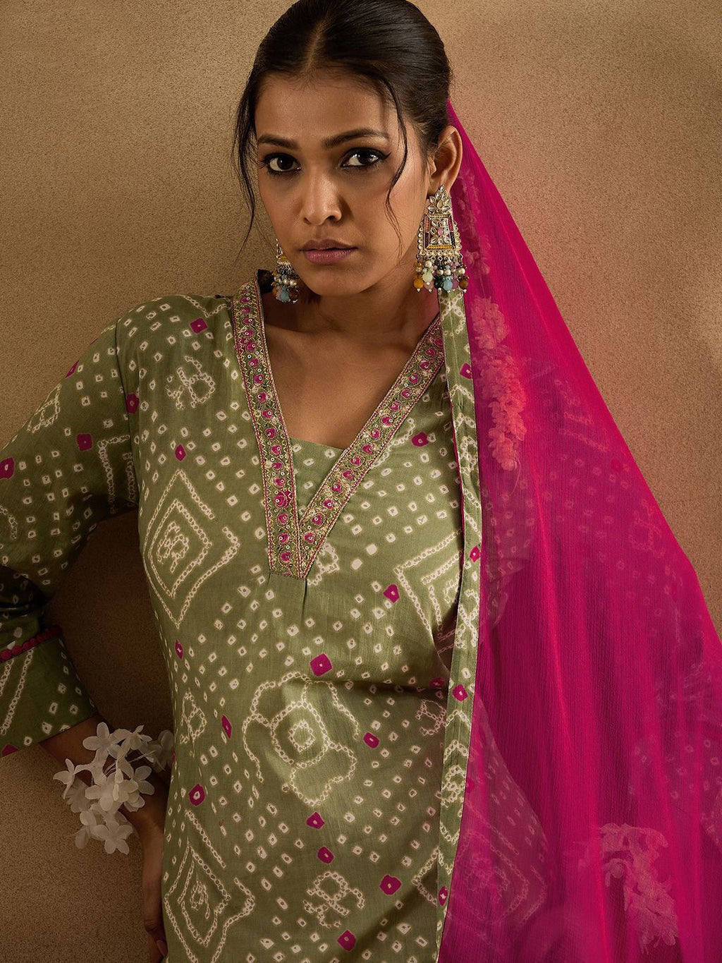 Indo Era Bandhani Printed Pure Cotton Kurta With Trousers & Dupatta - Distacart