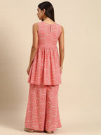 All About You Women Peach Pin & White Bandhani Print Pleated Sequinned Kurti with Palazzos
