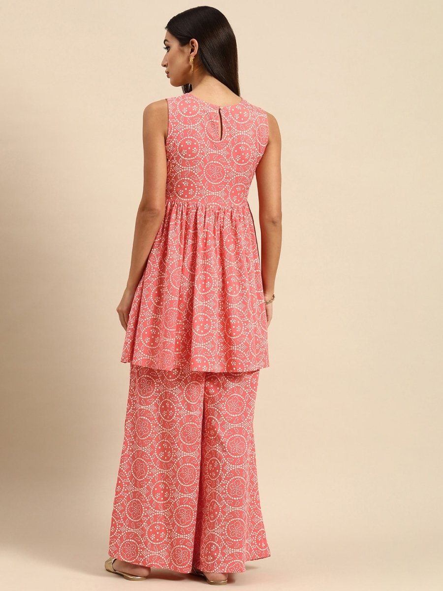 All About You Women Peach Pin & White Bandhani Print Pleated Sequinned Kurti with Palazzos